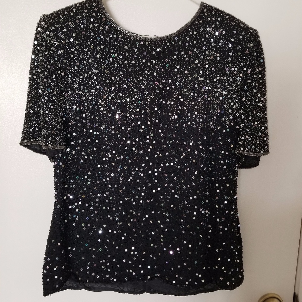 Stenay Vintage Black Evening Short Sleeve Sequin Blouse